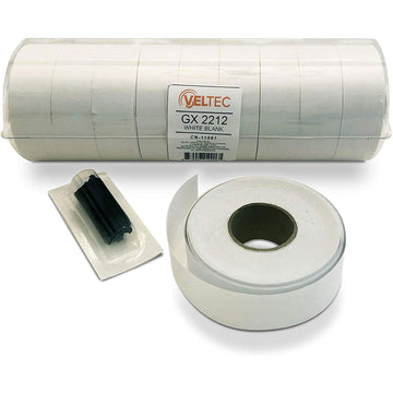 Veltec 2212 White Pricing Labels for Garvey (22-6, 22-7, 22-8) and Contact (6.22, 7.22, 8.22) One-Line Price Gun/Labelers, Free Ink Roller – 9 Rolls, 11,000 Labels with Security Slits