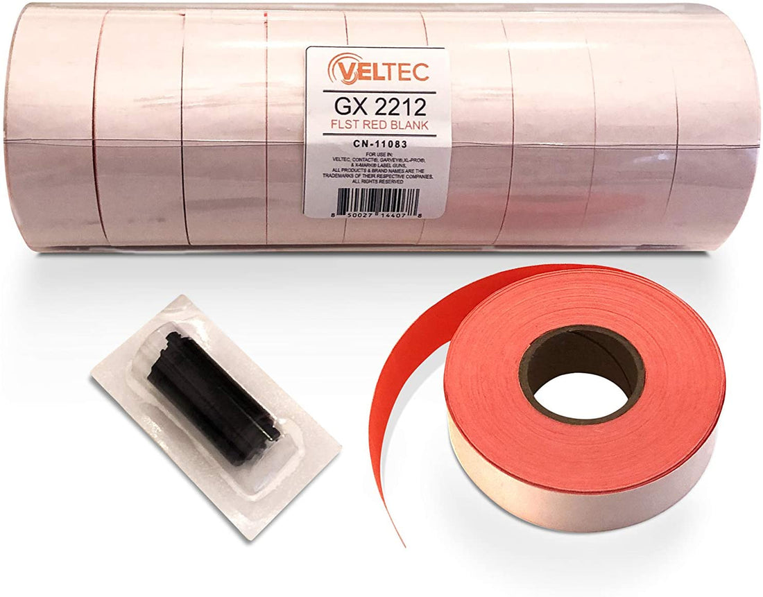 Veltec 2212 Fluorescent Red Pricing Labels for Garvey and Contact 22-6, 22-7, 22-8 Price Gun/Labelers, Free Ink Roller – 9 Rolls, 11,000 Labels with Security Slits